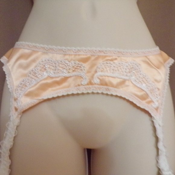 Vintage Emil Bole Satin Peach and White Garter Belt Size M/L - Picture 1 of 3